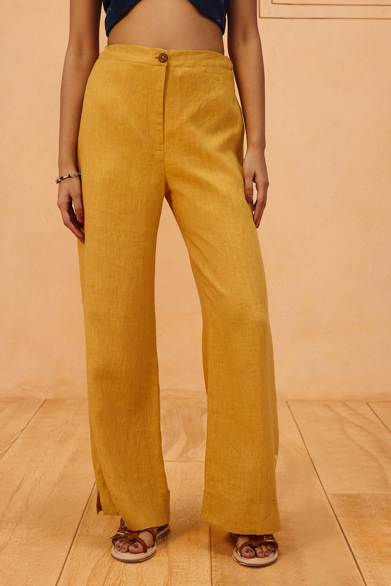 The Ghar Linen Trousers 100% linen pant/trouser by SUI in mustard for women in Singapore