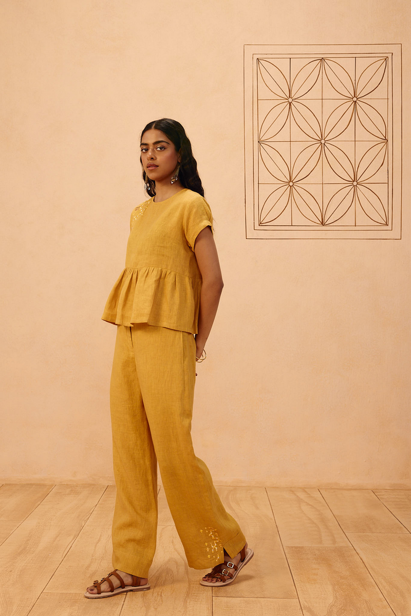 The Ghar Linen Trousers 100% linen pant/trouser by SUI in mustard for women in Singapore