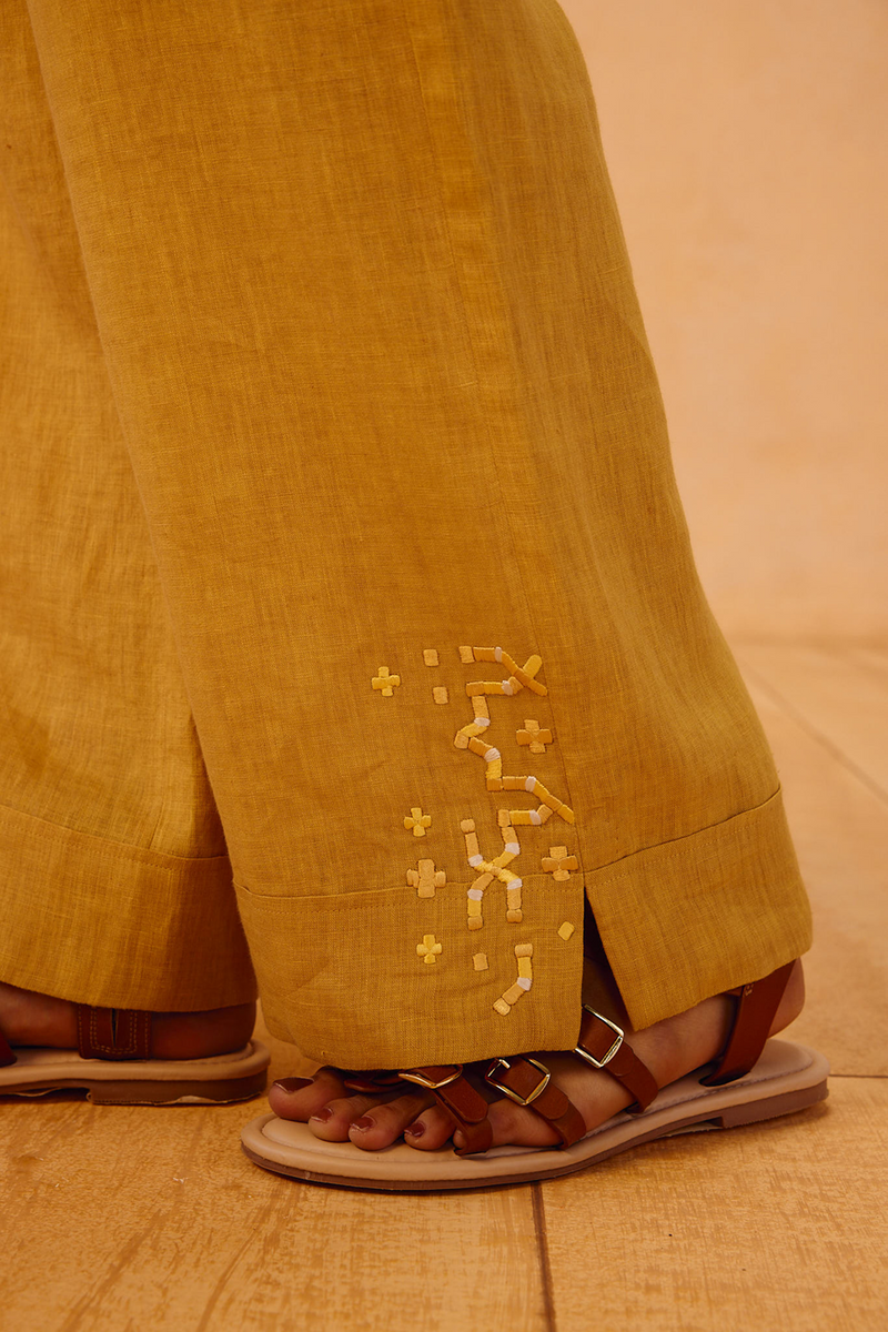 The Ghar Linen Trousers 100% linen pant/trouser by SUI in mustard for women in Singapore