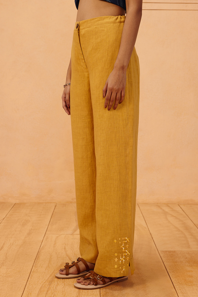 The Ghar Linen Trousers 100% linen pant/trouser by SUI in mustard for women in Singapore