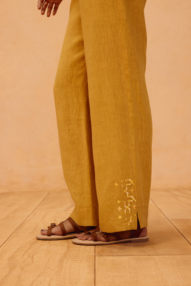 The Ghar Linen Trousers 100% linen pant/trouser by SUI in mustard for women in Singapore