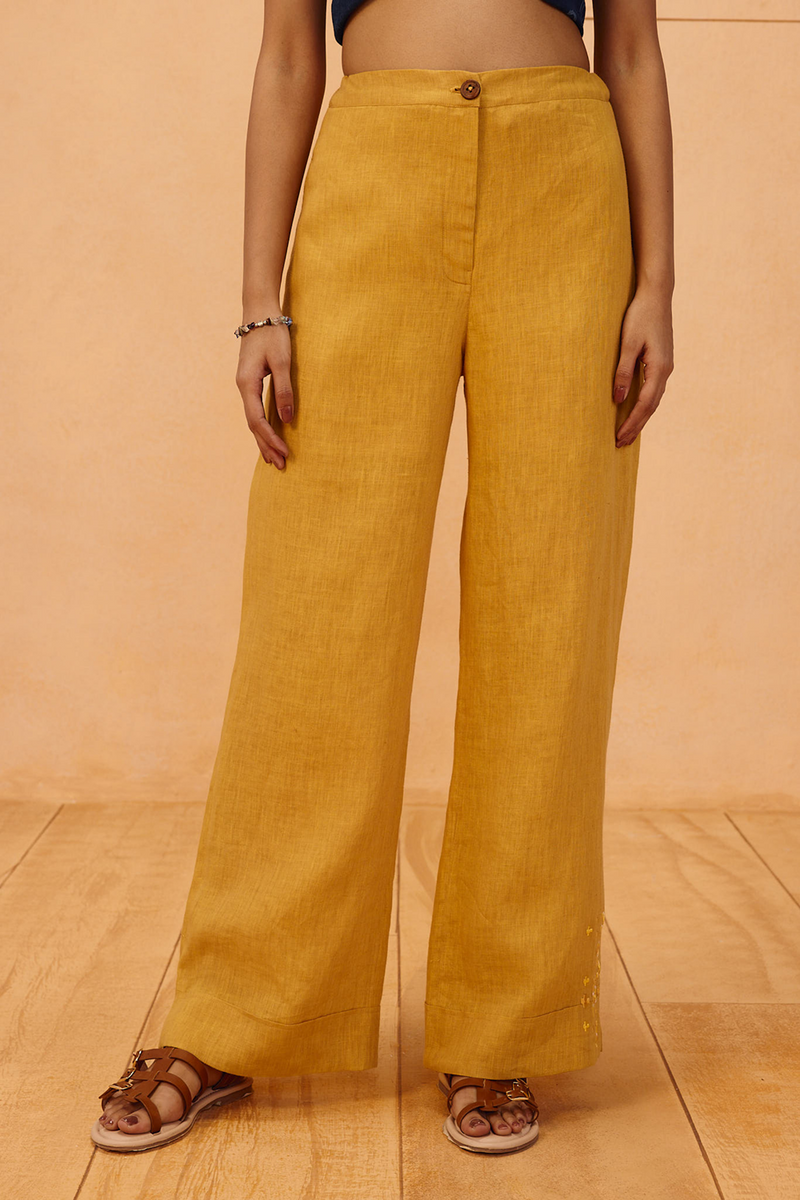 The Ghar Linen Trousers 100% linen pant/trouser by SUI in mustard for women in Singapore