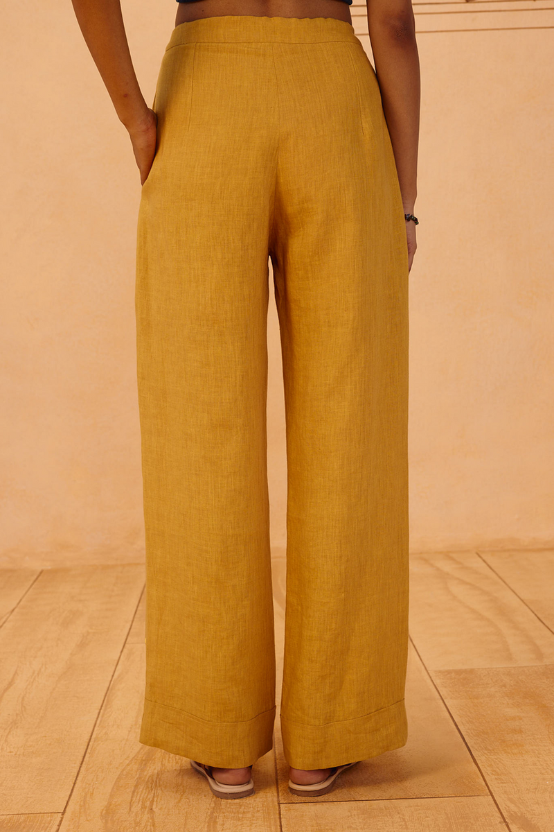 The Ghar Linen Trousers 100% linen pant/trouser by SUI in mustard for women in Singapore