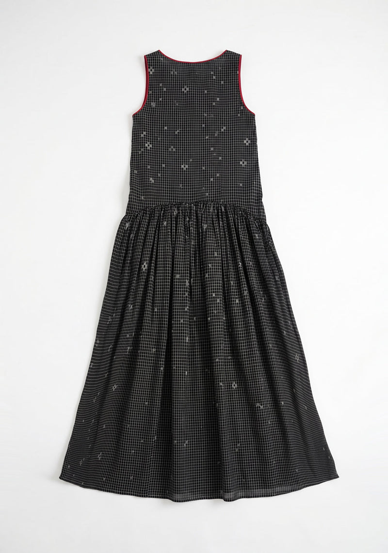 The Grid Wrap Dress-Black cotton jamdani dress by World of Crow in black for women in Singapore