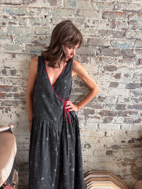 The Grid Wrap Dress-Black cotton jamdani dress by World of Crow in black for women in Singapore
