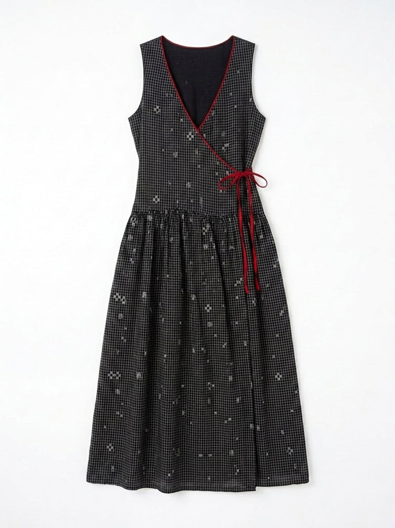 The Grid Wrap Dress-Black cotton jamdani dress by World of Crow in black for women in Singapore