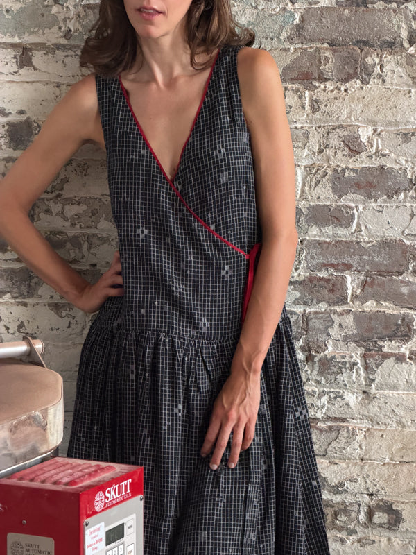 The Grid Wrap Dress-Black cotton jamdani dress by World of Crow in black for women in Singapore