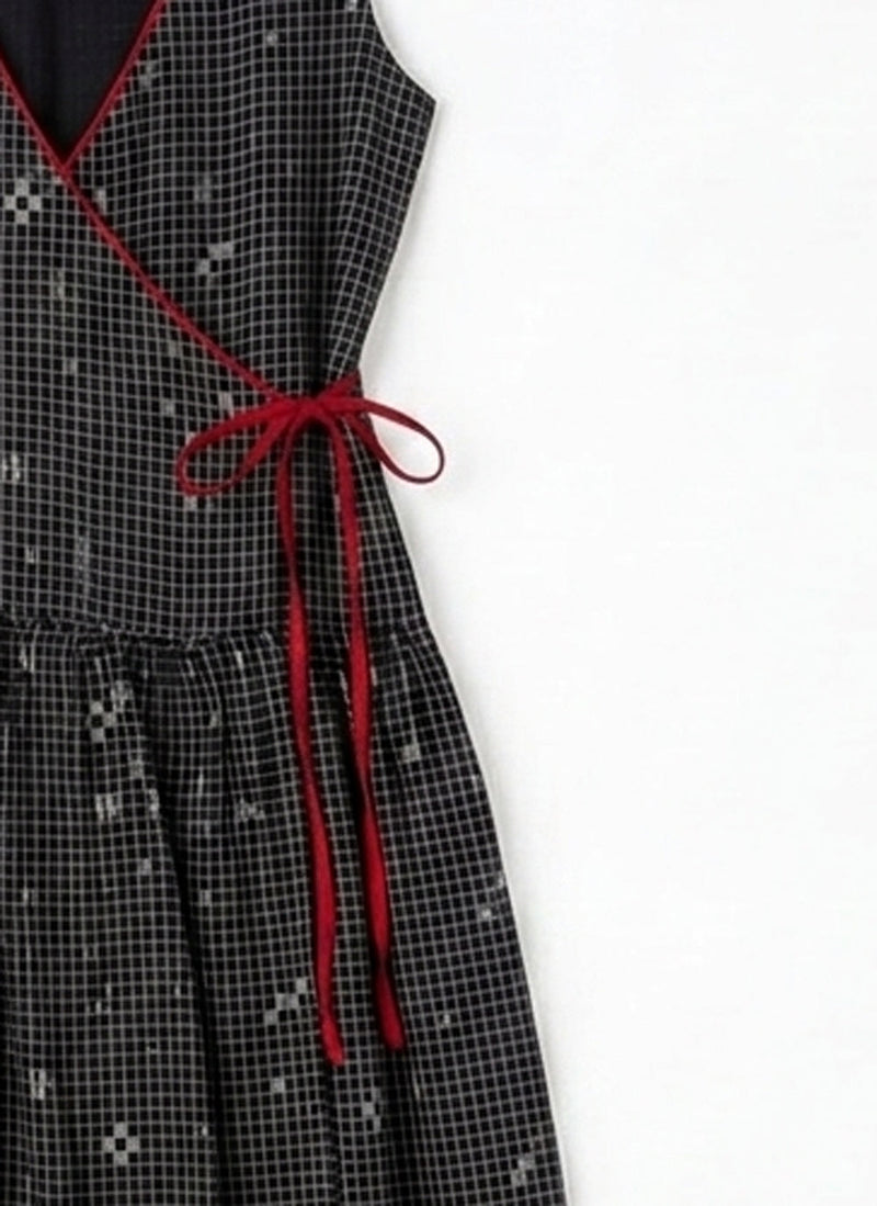 The Grid Wrap Dress-Black cotton jamdani dress by World of Crow in black for women in Singapore
