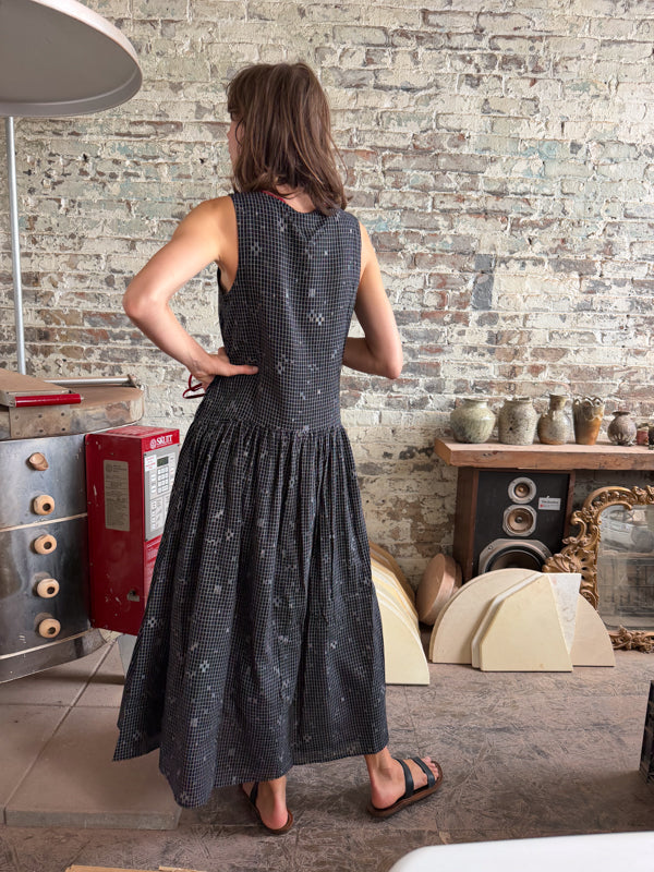 The Grid Wrap Dress-Black cotton jamdani dress by World of Crow in black for women in Singapore