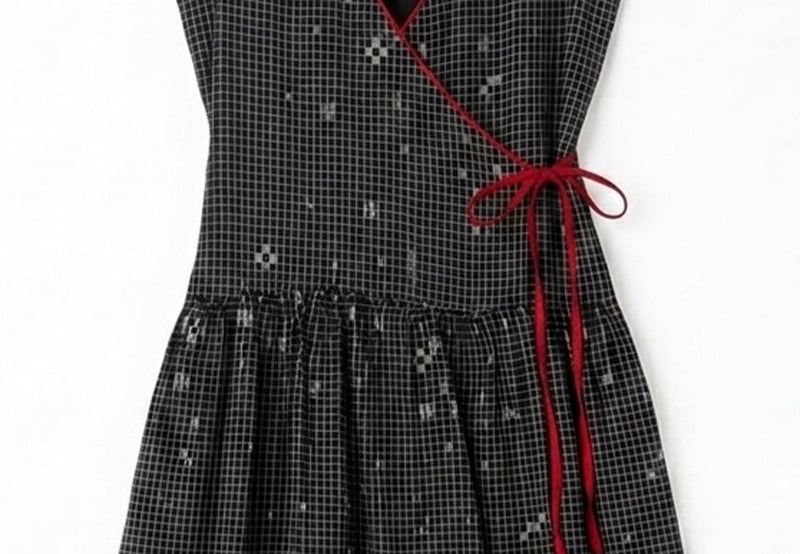 The Grid Wrap Dress-Black cotton jamdani dress by World of Crow in black for women in Singapore