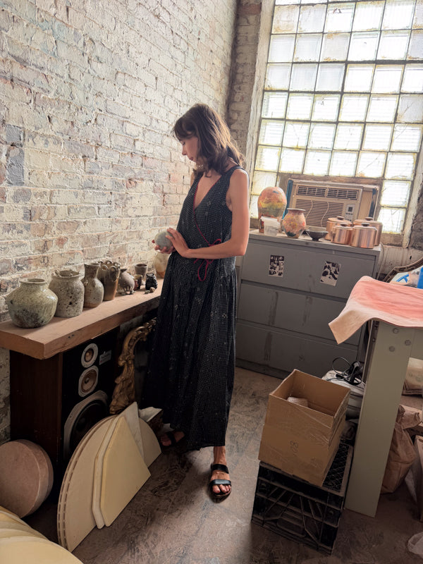 The Grid Wrap Dress-Black cotton jamdani dress by World of Crow in black for women in Singapore