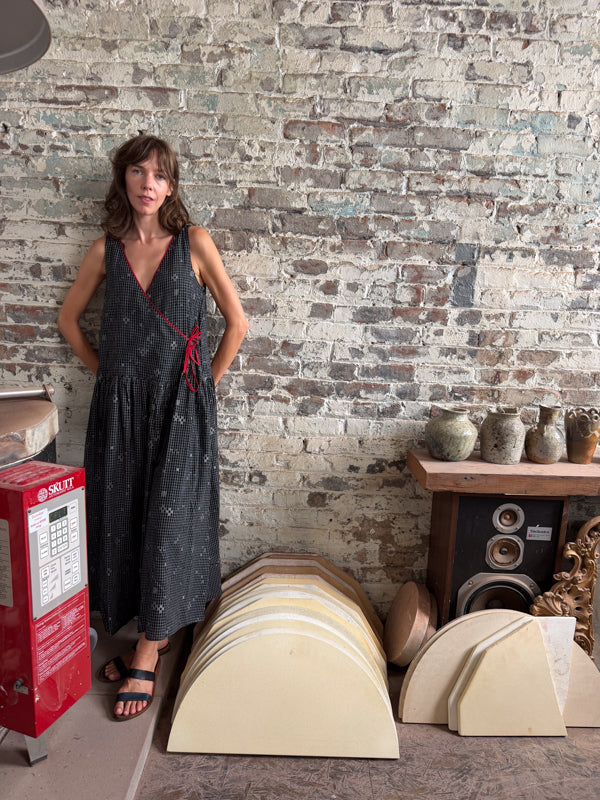 The Grid Wrap Dress-Black cotton jamdani dress by World of Crow in black for women in Singapore