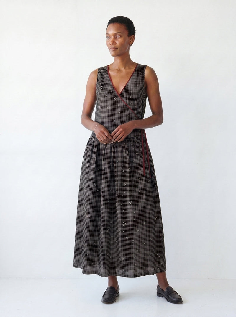 The Grid Wrap Dress-Black cotton jamdani dress by World of Crow in black for women in Singapore