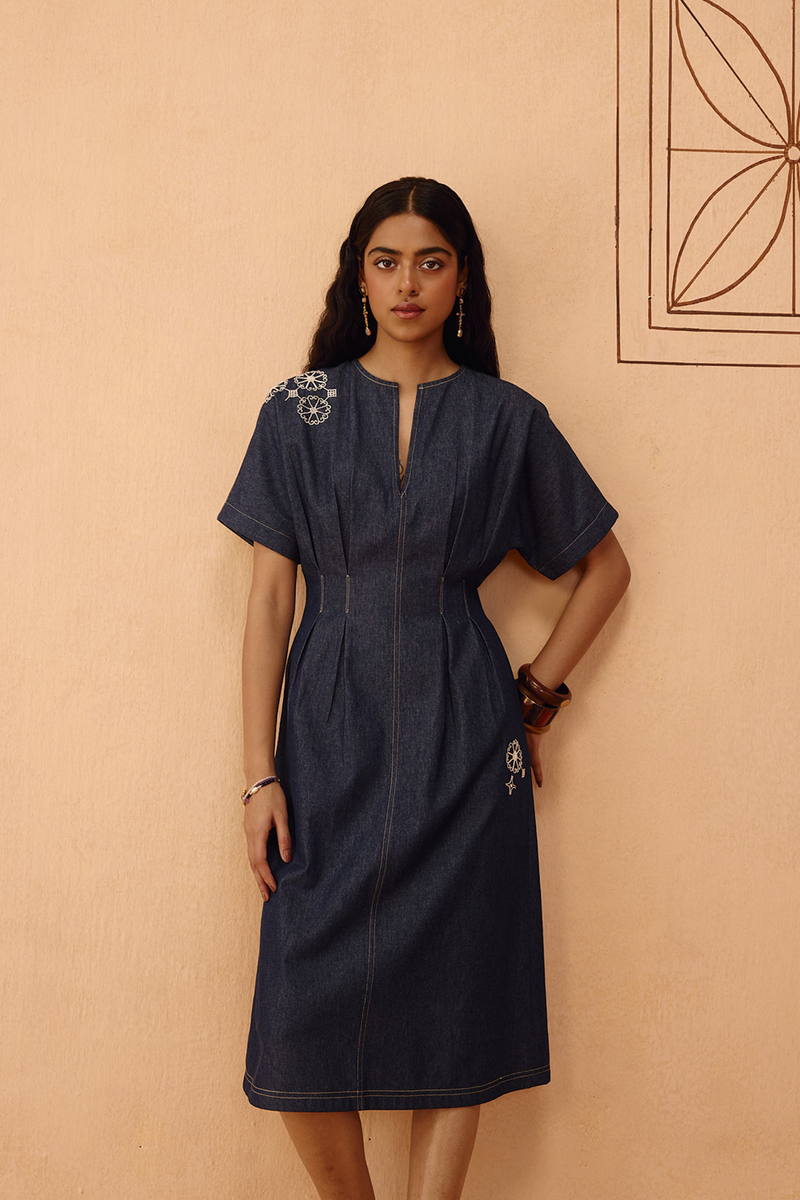 The Harmony Sustainable Denim Dress denim dress by SUI in blue for women in Singapore
