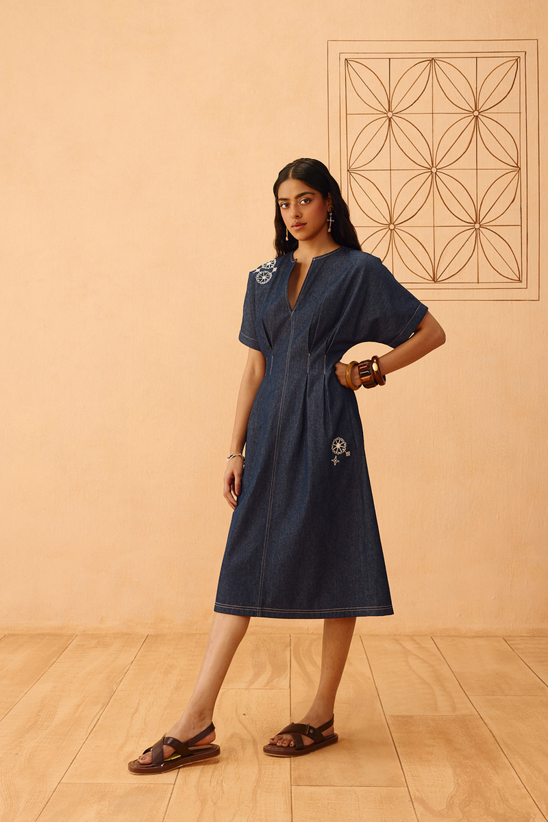 The Harmony Sustainable Denim Dress denim dress by SUI in blue for women in Singapore