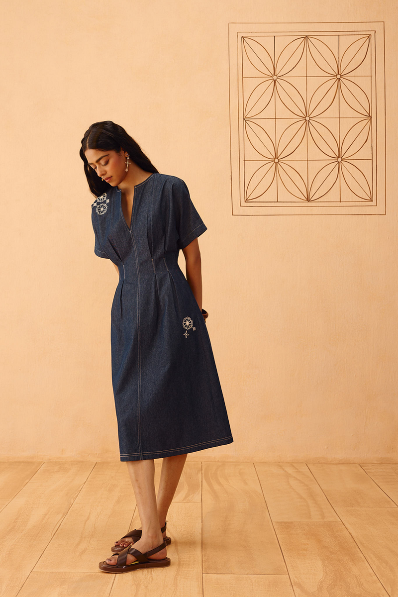 The Harmony Sustainable Denim Dress denim dress by SUI in blue for women in Singapore