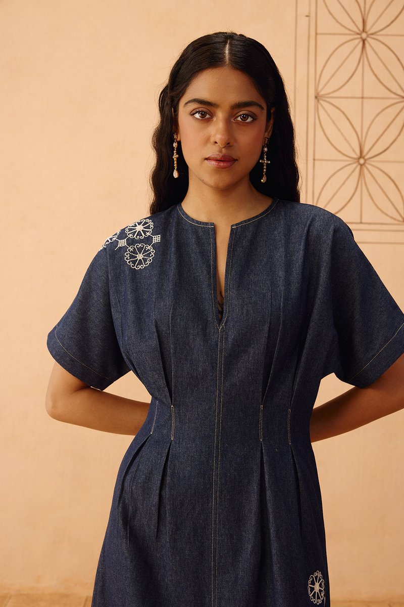 The Harmony Sustainable Denim Dress denim dress by SUI in blue for women in Singapore