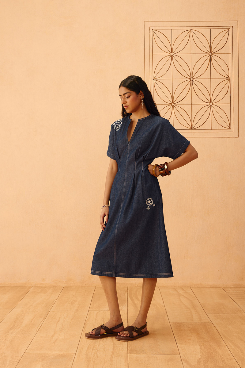 The Harmony Sustainable Denim Dress denim dress by SUI in blue for women in Singapore