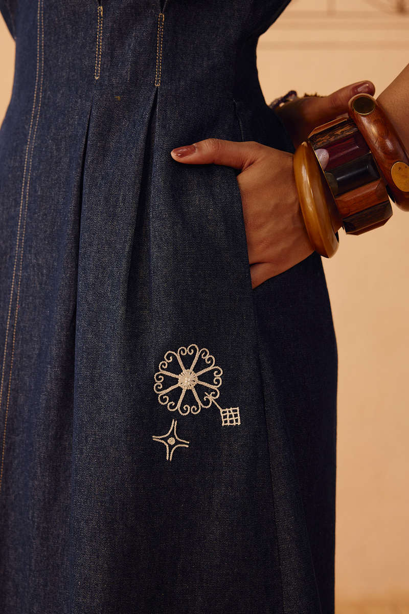 The Harmony Sustainable Denim Dress denim dress by SUI in blue for women in Singapore