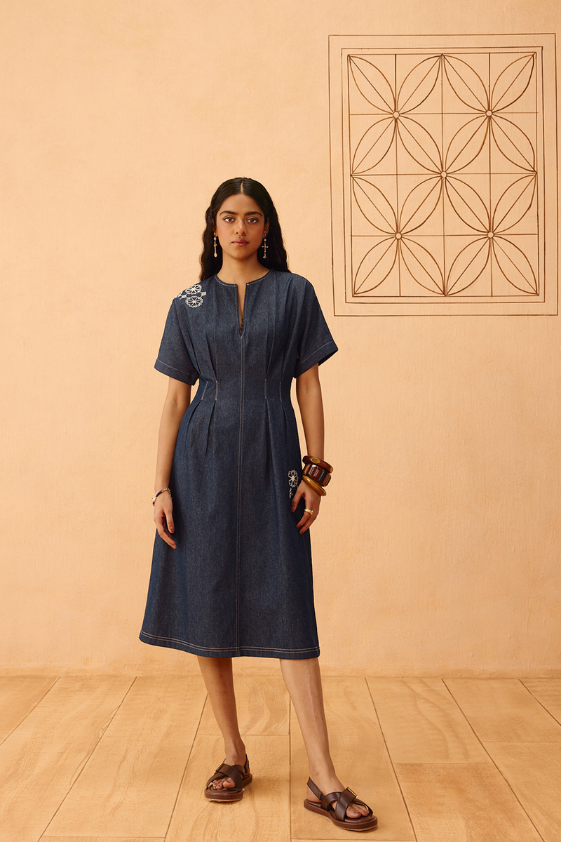 The Harmony Sustainable Denim Dress denim dress by SUI in blue for women in Singapore