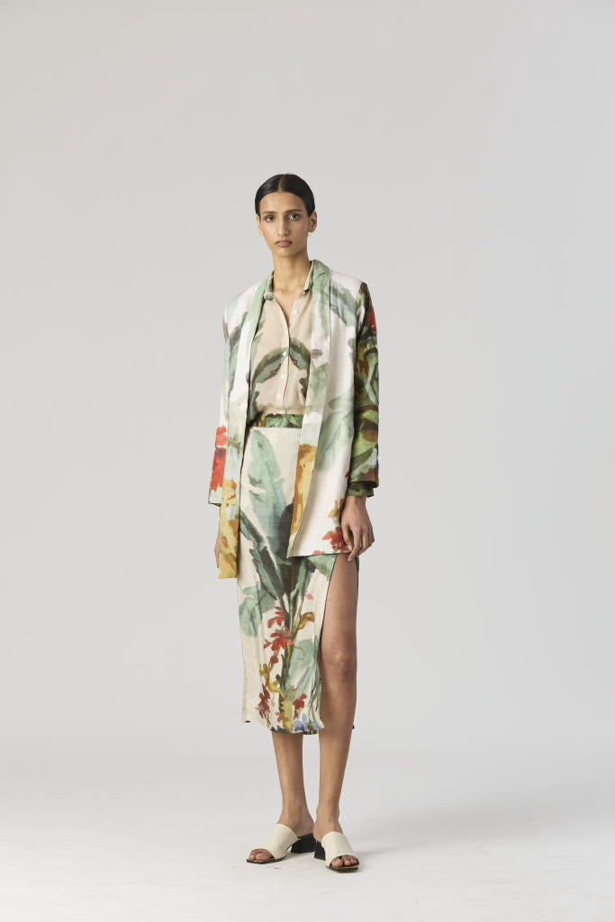 THE HUNT BLAZER & SKIRT SET silk by Yam in green color for women in Singapore