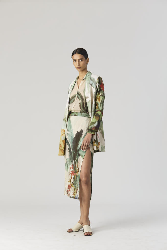 THE HUNT BLAZER & SKIRT SET silk by Yam in green color for women in Singapore