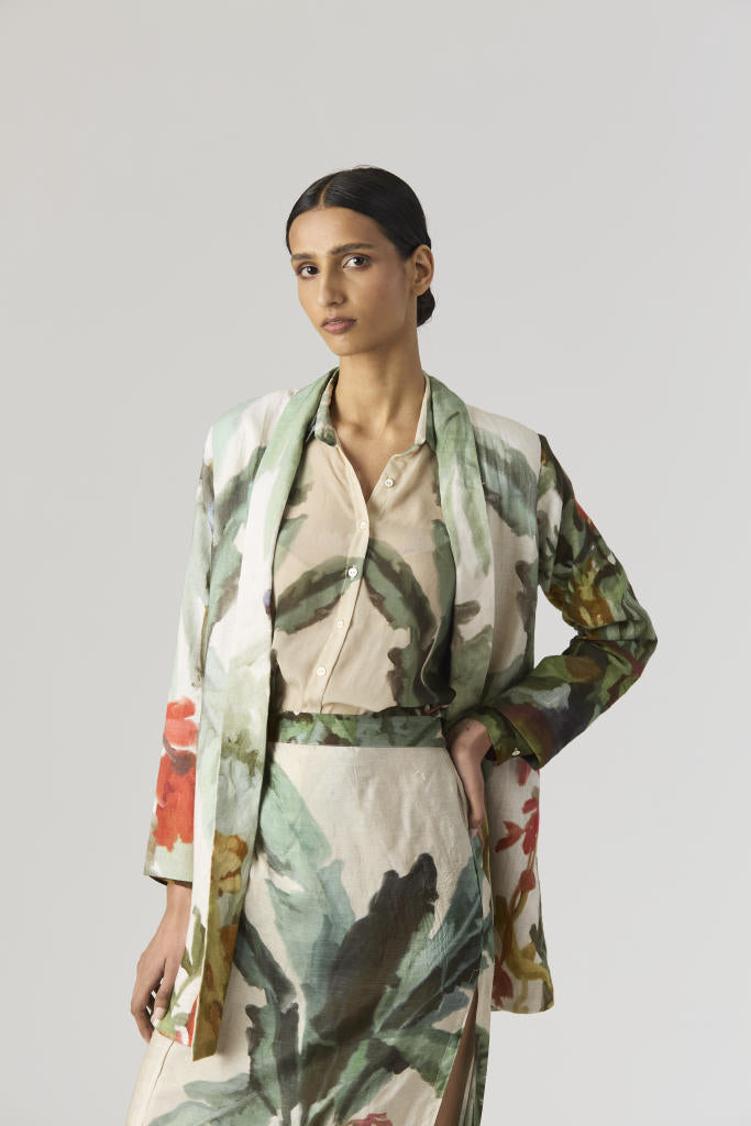 THE HUNT BLAZER & SKIRT SET silk by Yam in green color for women in Singapore