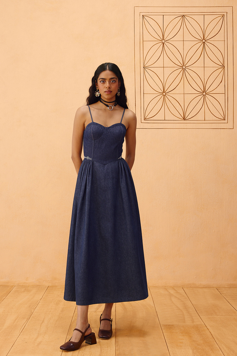 The Jaali Susainable Denim Dress denim dress by SUI in blue for women in Singapore