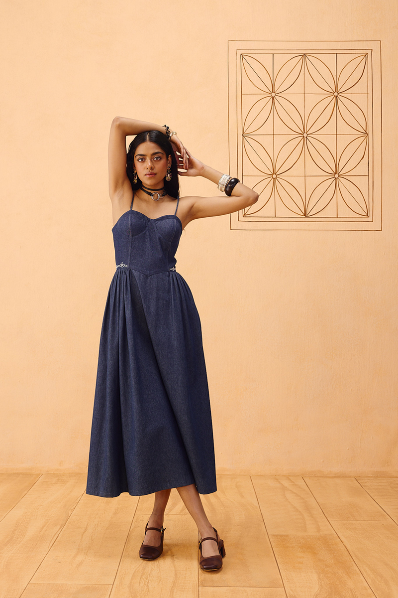 The Jaali Susainable Denim Dress denim dress by SUI in blue for women in Singapore