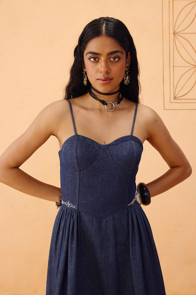 The Jaali Susainable Denim Dress denim dress by SUI in blue for women in Singapore