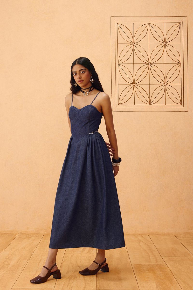 The Jaali Susainable Denim Dress denim dress by SUI in blue for women in Singapore
