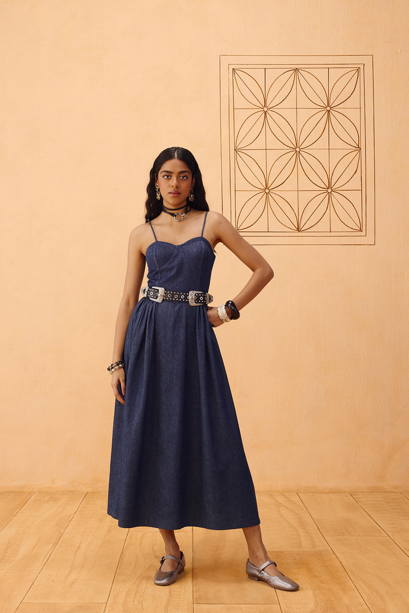 The Jaali Susainable Denim Dress denim dress by SUI in blue for women in Singapore