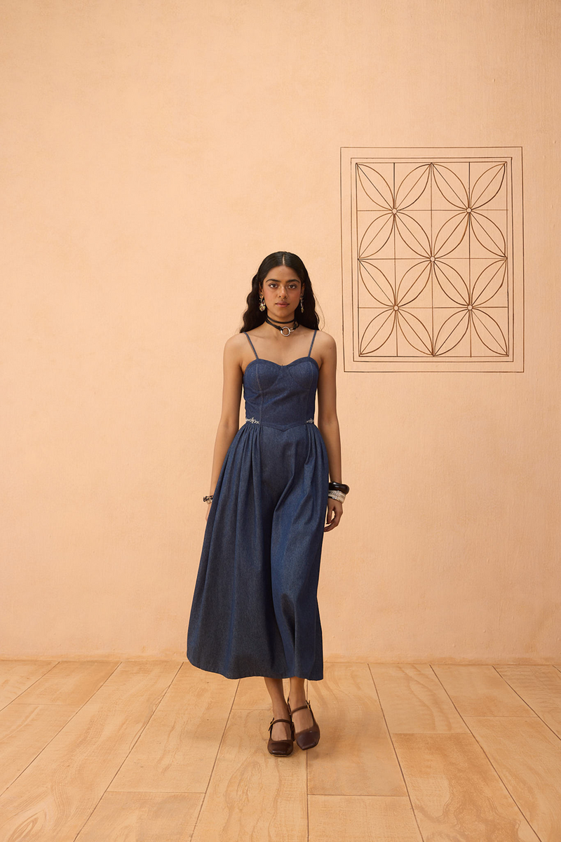 The Jaali Susainable Denim Dress denim dress by SUI in blue for women in Singapore