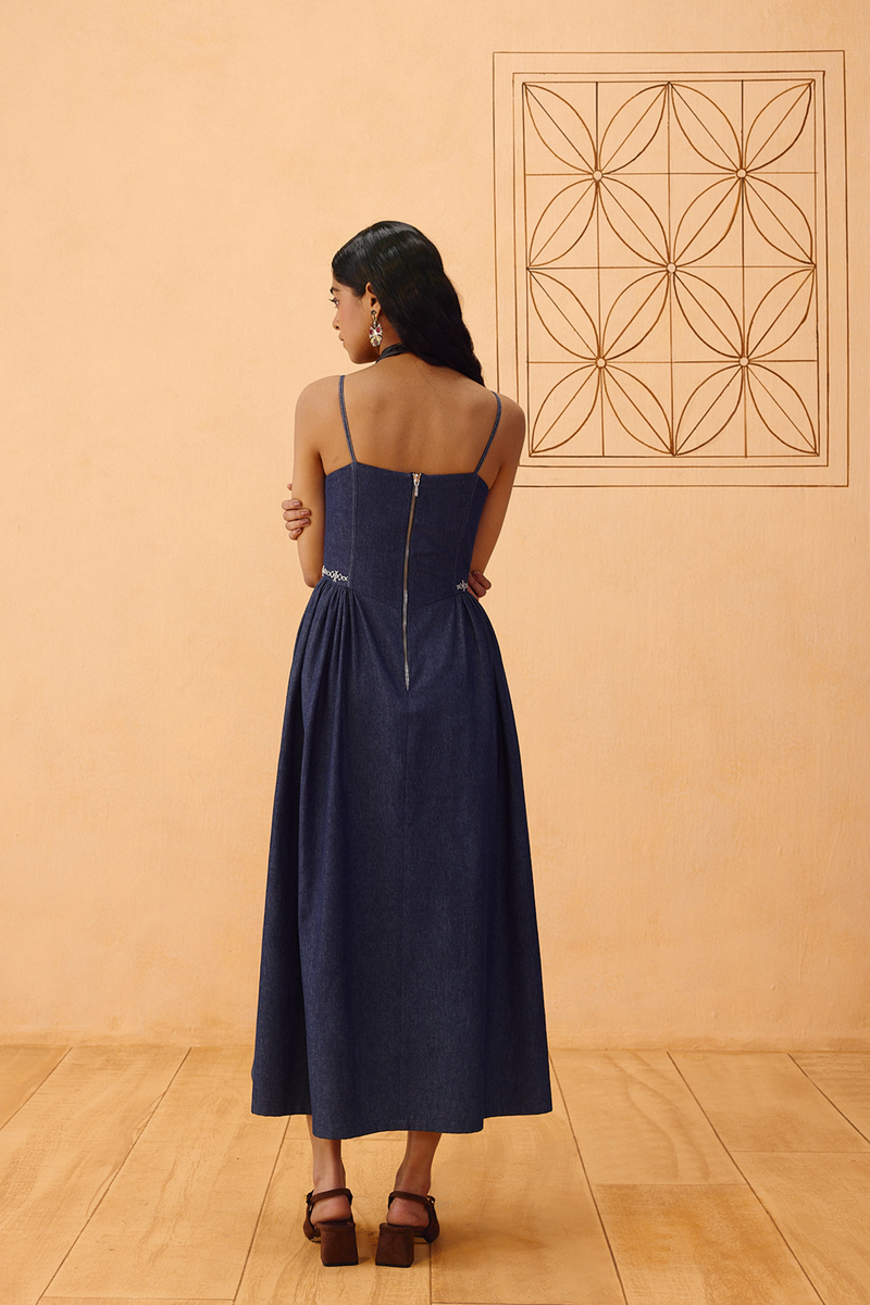 The Jaali Susainable Denim Dress denim dress by SUI in blue for women in Singapore