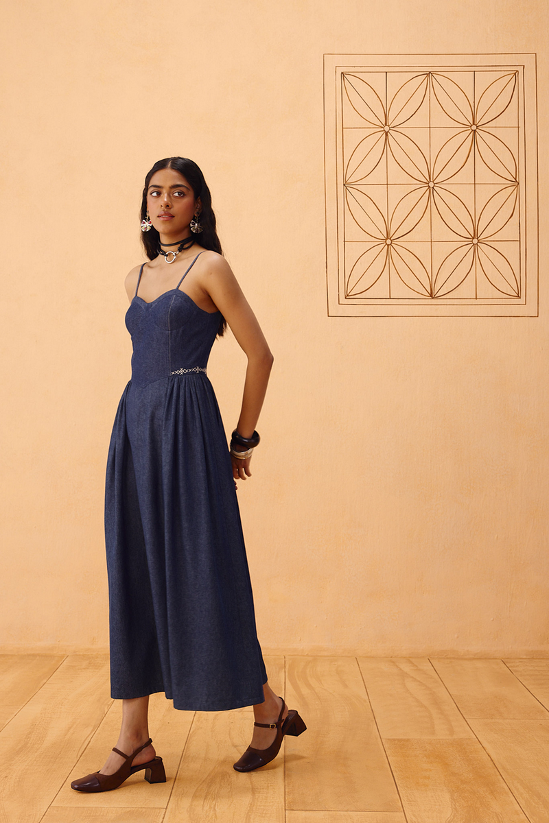 The Jaali Susainable Denim Dress denim dress by SUI in blue for women in Singapore