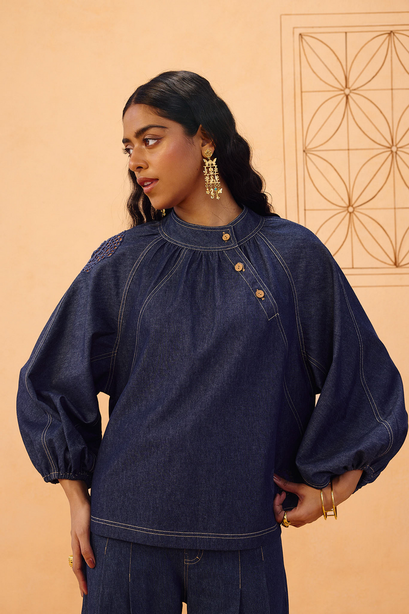 The Jaali Sustainable Denim Top denim top/shirt by SUI in blue for women in Singapore