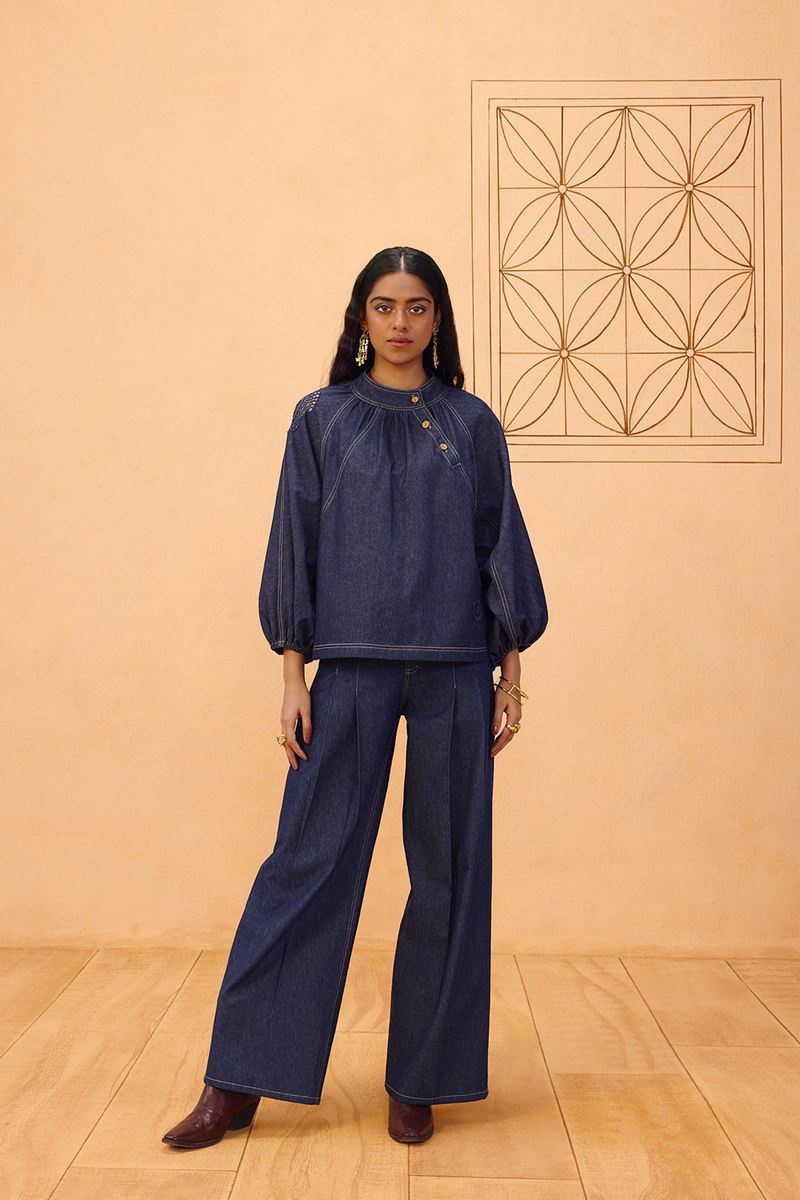 The Jaali Sustainable Denim Top denim top/shirt by SUI in blue for women in Singapore
