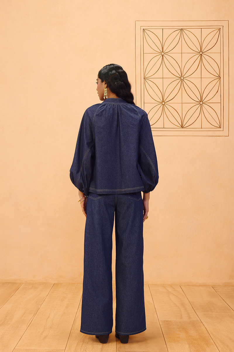 The Jaali Sustainable Denim Top denim top/shirt by SUI in blue for women in Singapore