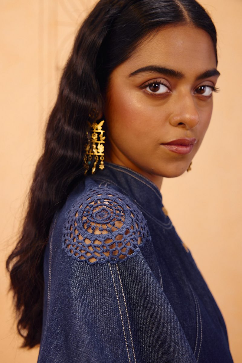 The Jaali Sustainable Denim Top denim top/shirt by SUI in blue for women in Singapore