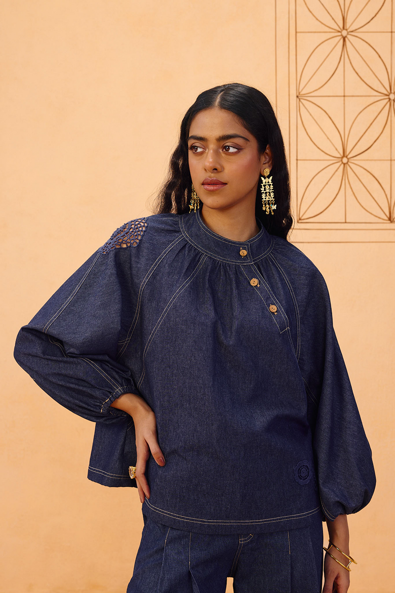 The Jaali Sustainable Denim Top denim top/shirt by SUI in blue for women in Singapore