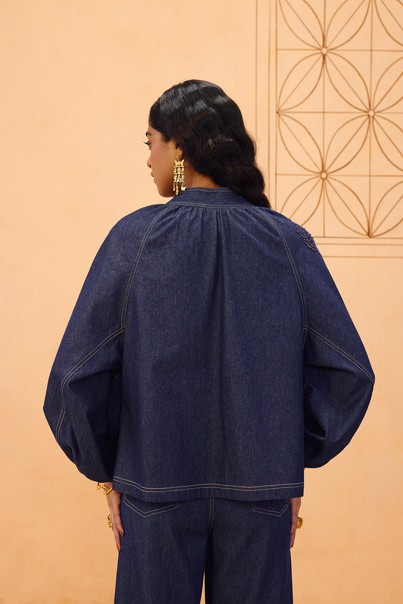 The Jaali Sustainable Denim Top denim top/shirt by SUI in blue for women in Singapore