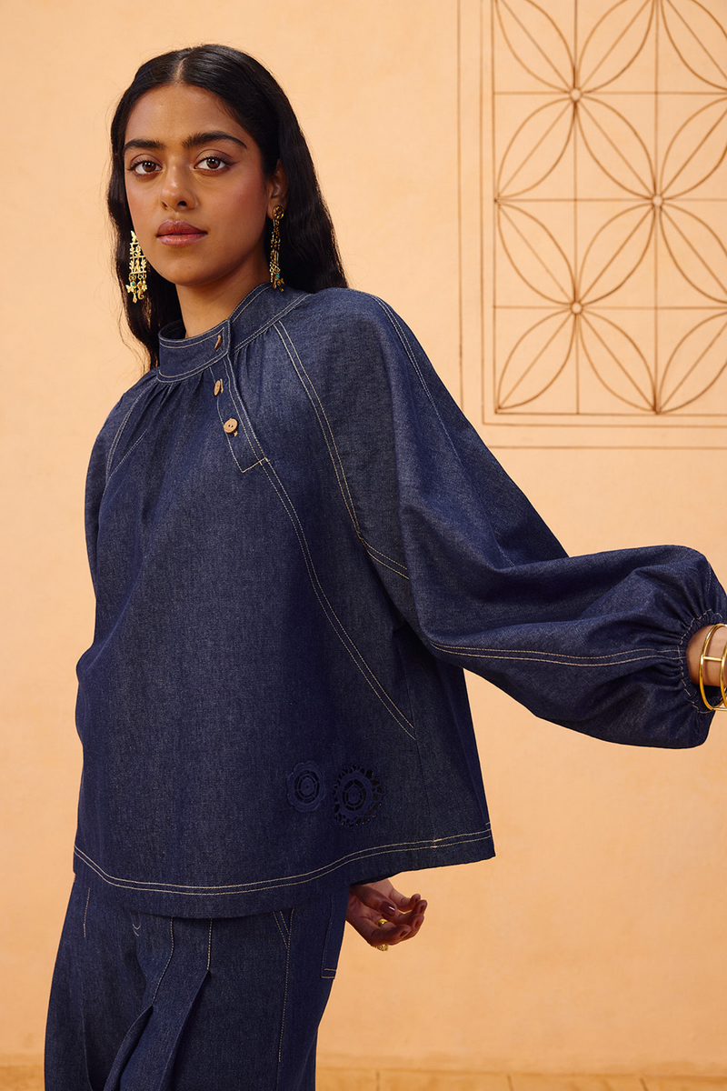 The Jaali Sustainable Denim Top denim top/shirt by SUI in blue for women in Singapore