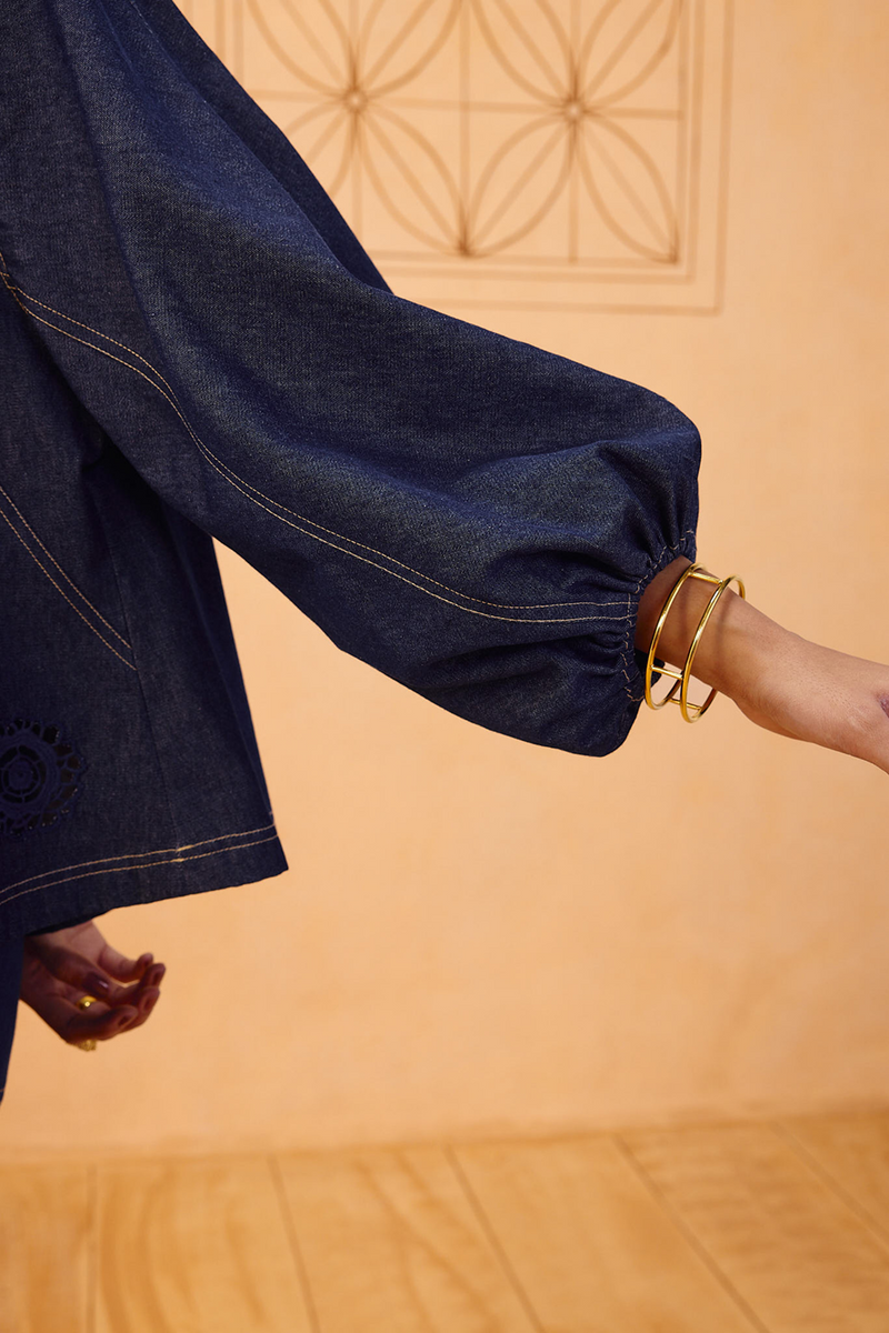 The Jaali Sustainable Denim Top denim top/shirt by SUI in blue for women in Singapore