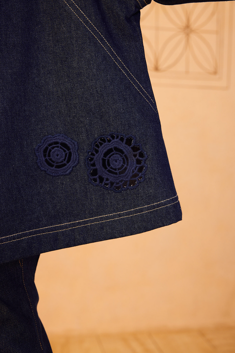 The Jaali Sustainable Denim Top denim top/shirt by SUI in blue for women in Singapore