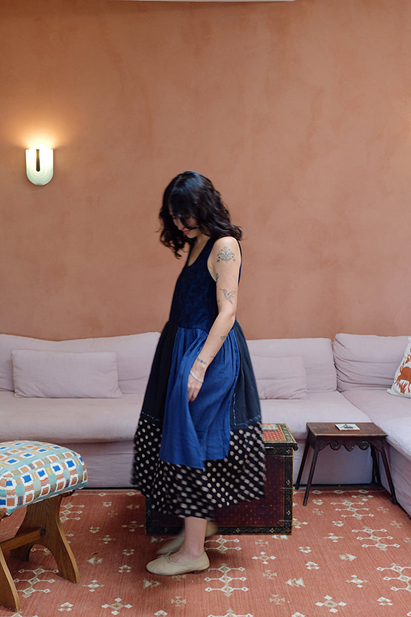 The Joan Dress-Dawn hand block printed &amp; hand-woven organic fabric dress by World of Crow in multi-color for women in Singapore