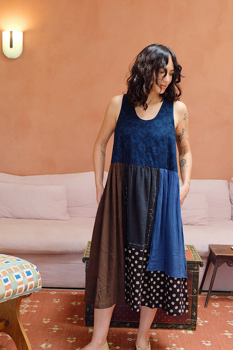 The Joan Dress-Dawn hand block printed &amp; hand-woven organic fabric dress by World of Crow in multi-color for women in Singapore