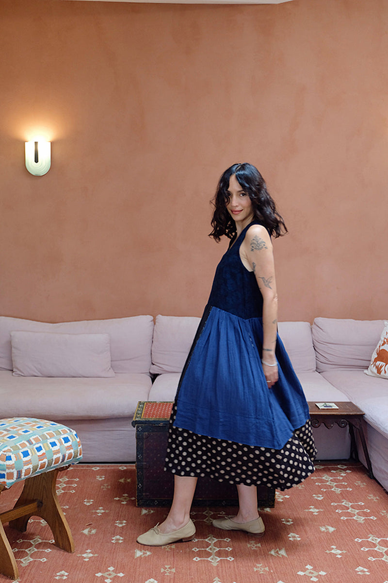 The Joan Dress-Dawn hand block printed &amp; hand-woven organic fabric dress by World of Crow in multi-color for women in Singapore