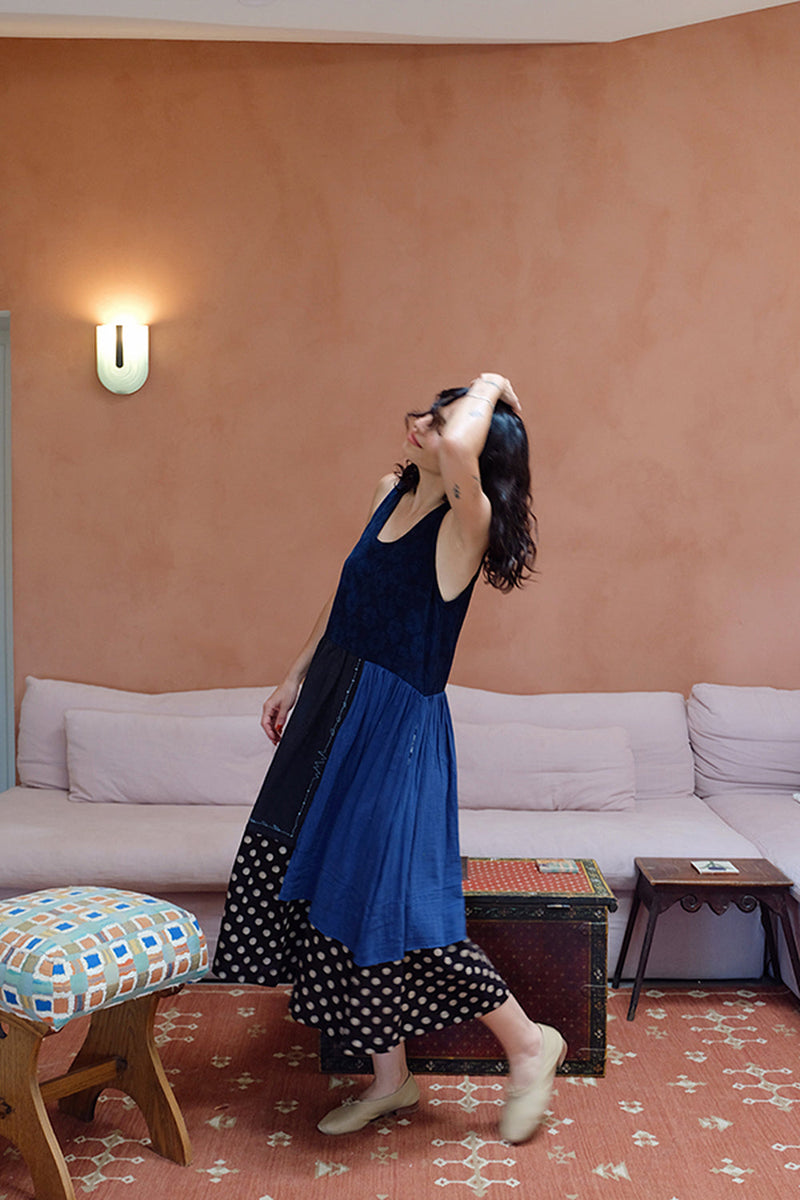 The Joan Dress-Dawn hand block printed &amp; hand-woven organic fabric dress by World of Crow in multi-color for women in Singapore