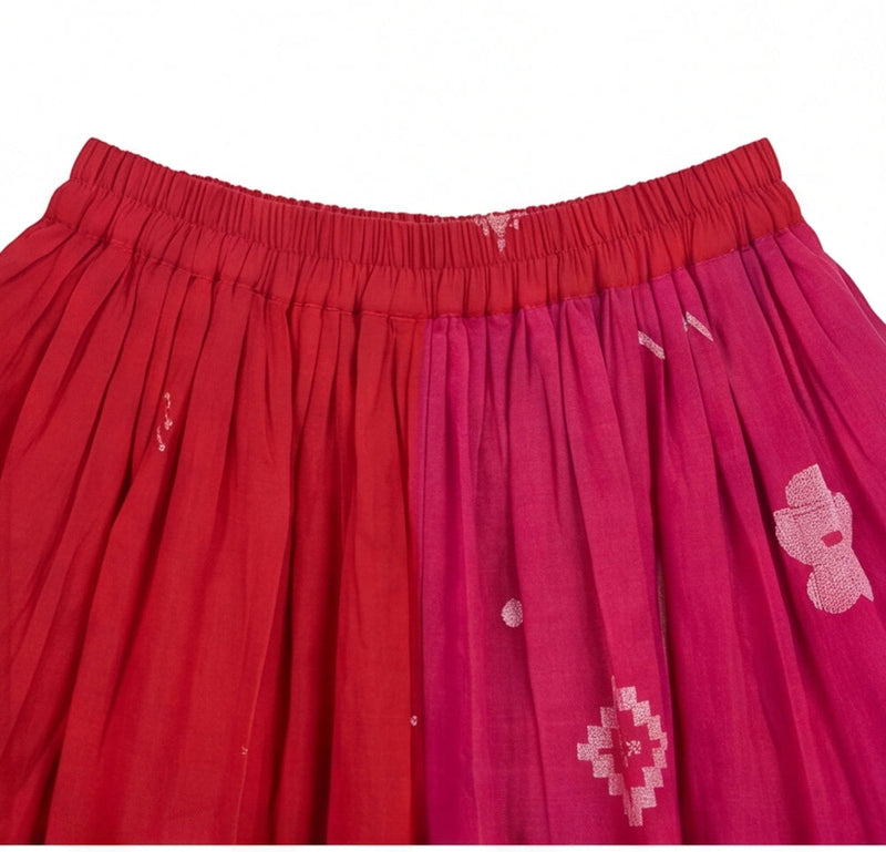 The Joy Skirt-Pink & Red cotton jamdani skirt by World of Crow in crimson red for women in Singapore