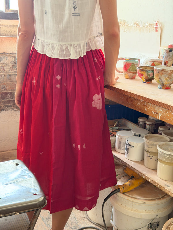 The Joy Skirt-Pink & Red cotton jamdani skirt by World of Crow in crimson red for women in Singapore